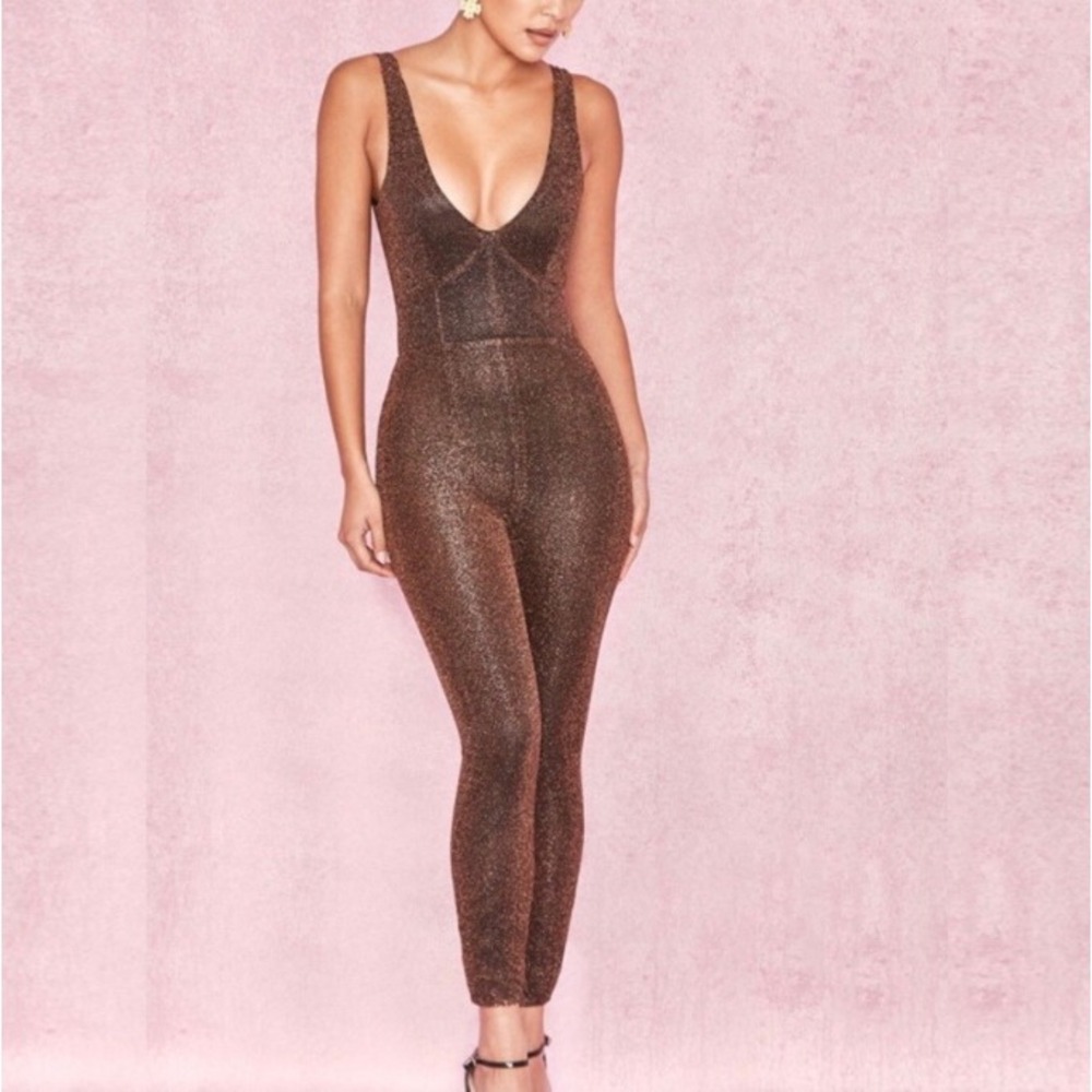 House of CB Bronze Lurex Plunge Neck Jumpsuit Pasqua Metallic Gold Size M